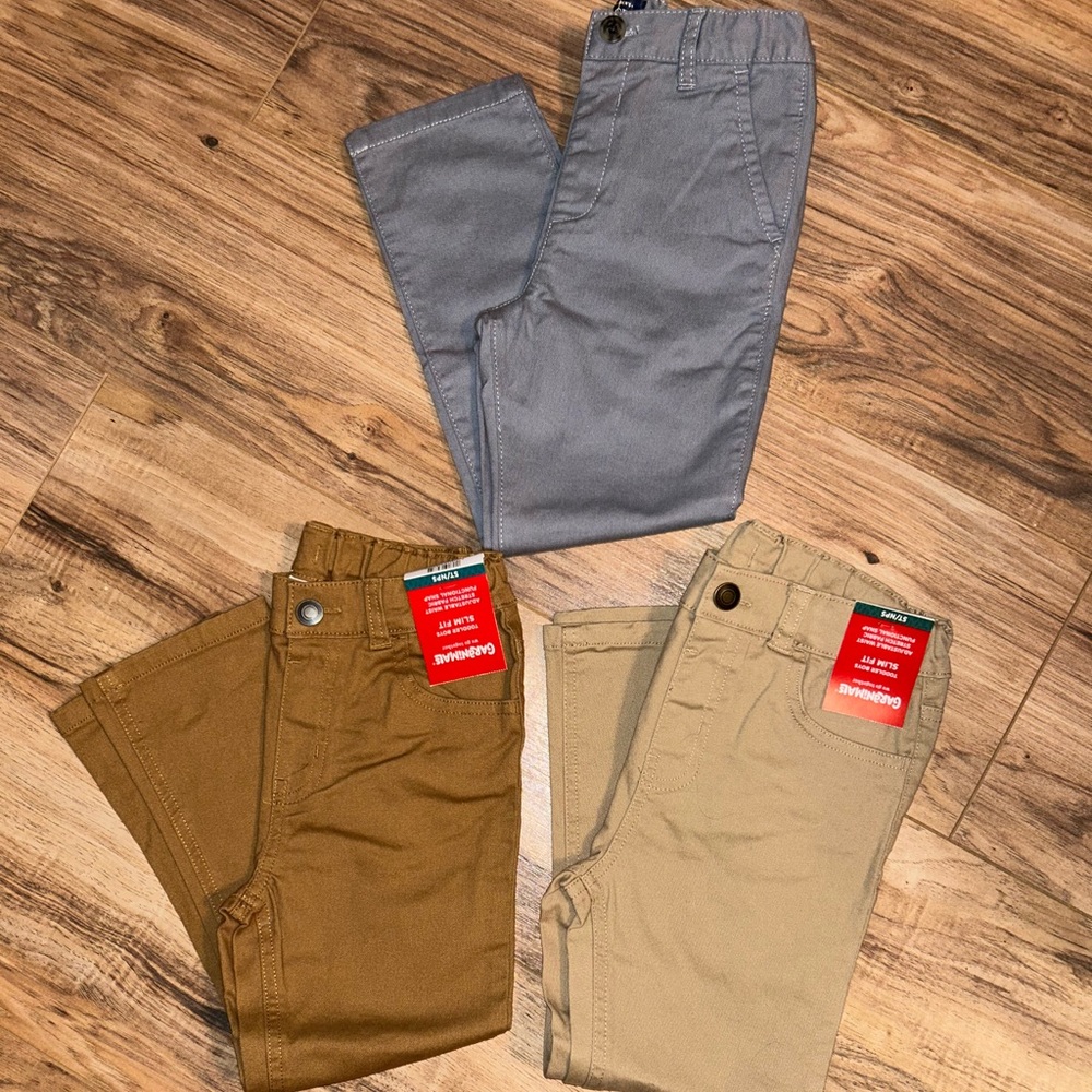 BRAND NEW WITH TAGS 3 pair of kids khaki and gray pants size 5